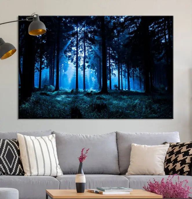 A modern living room showcasing the "Night in Dark Forest" wall art—forest-themed multi-panel canvases with museum-quality details.