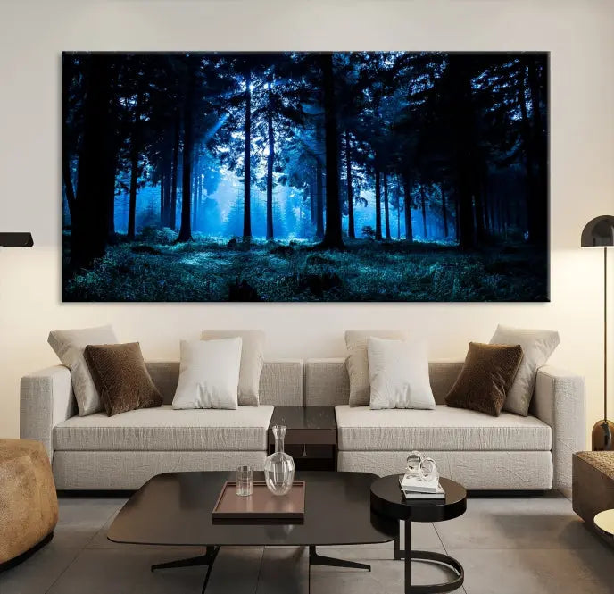 A modern living room showcasing the "Night in Dark Forest" wall art—forest-themed multi-panel canvases with museum-quality details.