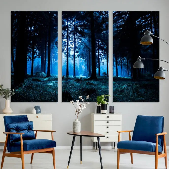 A modern living room showcasing the "Night in Dark Forest" wall art—forest-themed multi-panel canvases with museum-quality details.