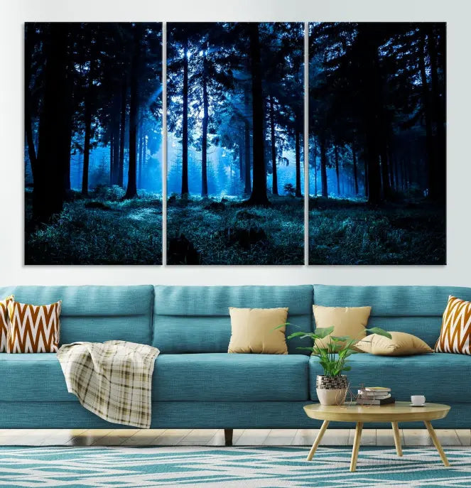 A modern living room showcasing the "Night in Dark Forest" wall art—forest-themed multi-panel canvases with museum-quality details.