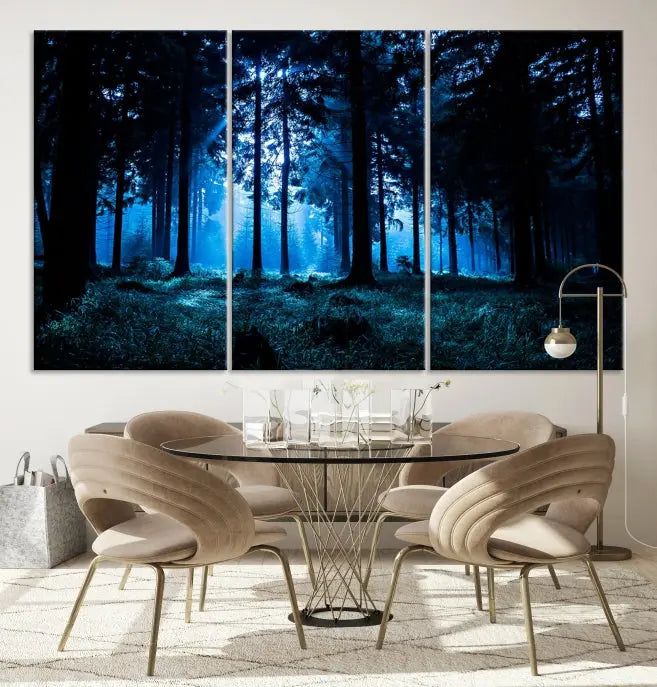 A modern living room showcasing the "Night in Dark Forest" wall art—forest-themed multi-panel canvases with museum-quality details.