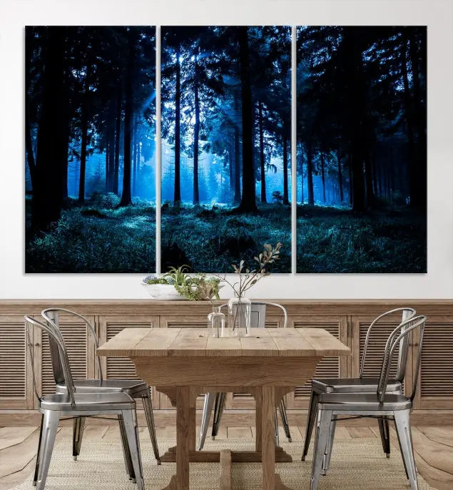 A modern living room showcasing the "Night in Dark Forest" wall art—forest-themed multi-panel canvases with museum-quality details.