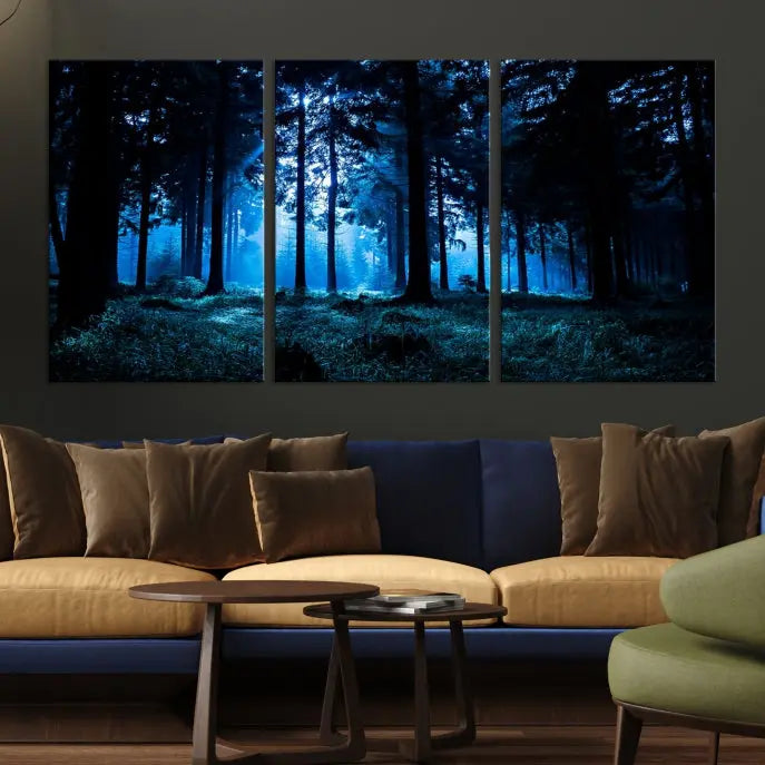 A modern living room showcasing the "Night in Dark Forest" wall art—forest-themed multi-panel canvases with museum-quality details.