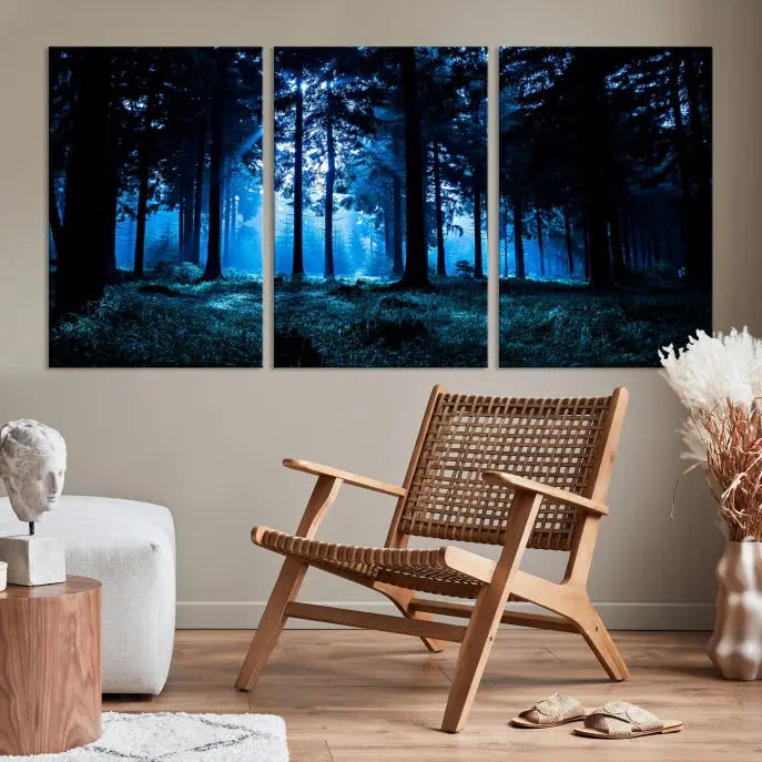 A modern living room showcasing the "Night in Dark Forest" wall art—forest-themed multi-panel canvases with museum-quality details.