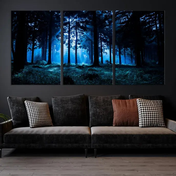 A modern living room showcasing the "Night in Dark Forest" wall art—forest-themed multi-panel canvases with museum-quality details.