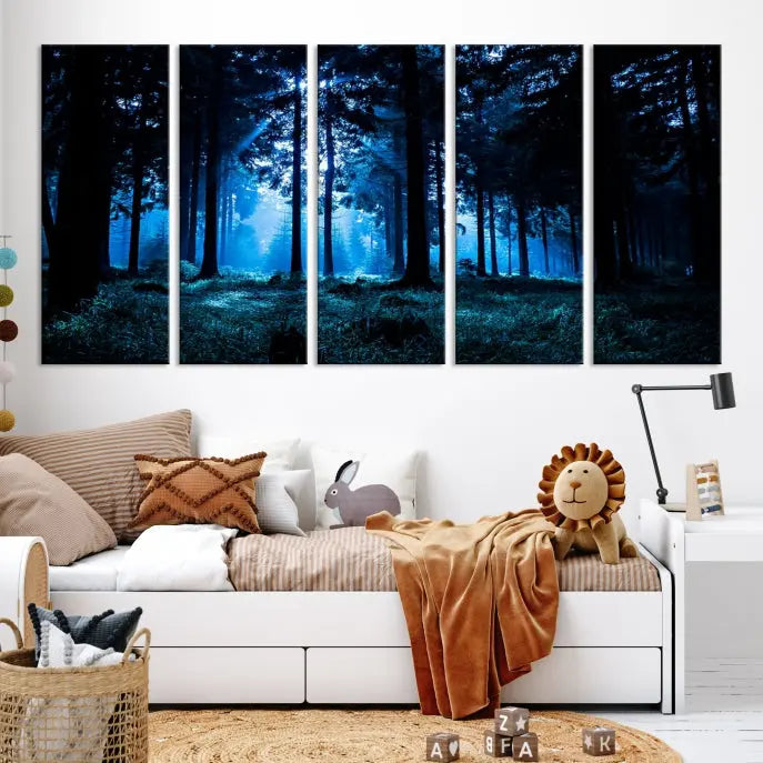 A modern living room showcasing the "Night in Dark Forest" wall art—forest-themed multi-panel canvases with museum-quality details.