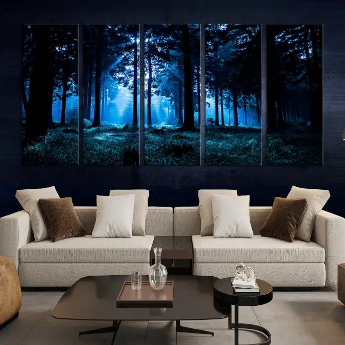 A modern living room showcasing the "Night in Dark Forest" wall art—forest-themed multi-panel canvases with museum-quality details.