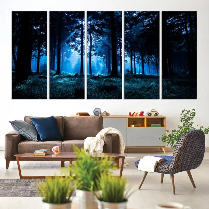 A modern living room showcasing the "Night in Dark Forest" wall art—forest-themed multi-panel canvases with museum-quality details.