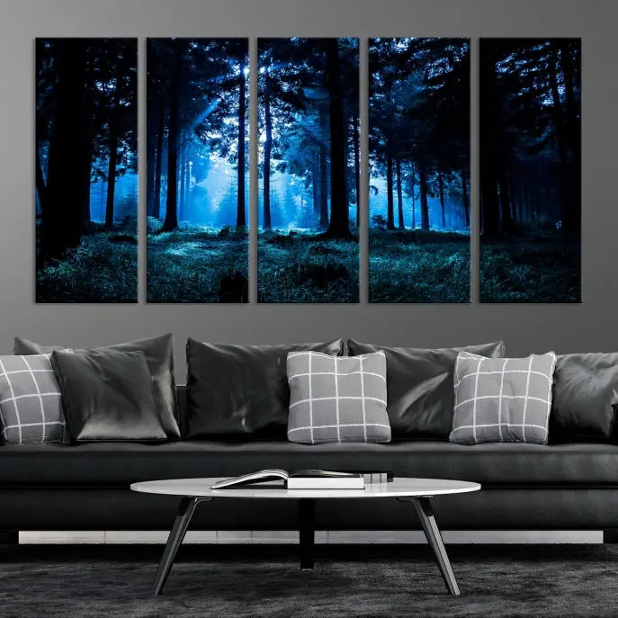 A modern living room showcasing the "Night in Dark Forest" wall art—forest-themed multi-panel canvases with museum-quality details.