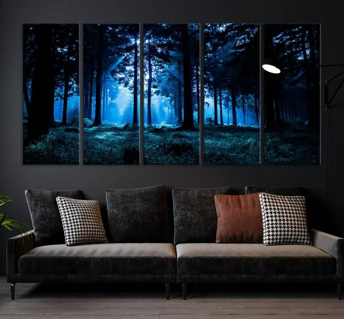 A modern living room showcasing the "Night in Dark Forest" wall art—forest-themed multi-panel canvases with museum-quality details.