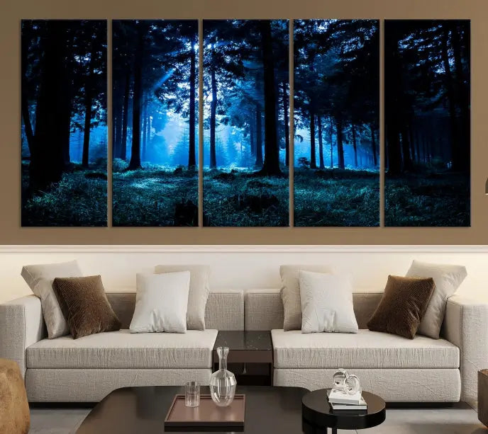 A modern living room showcasing the "Night in Dark Forest" wall art—forest-themed multi-panel canvases with museum-quality details.