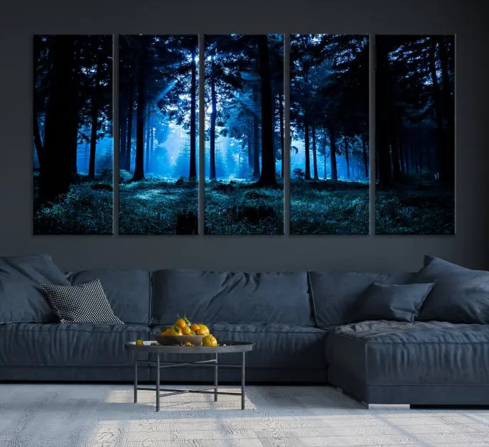 A modern living room showcasing the "Night in Dark Forest" wall art—forest-themed multi-panel canvases with museum-quality details.