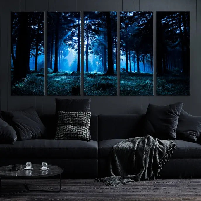 A modern living room showcasing the "Night in Dark Forest" wall art—forest-themed multi-panel canvases with museum-quality details.