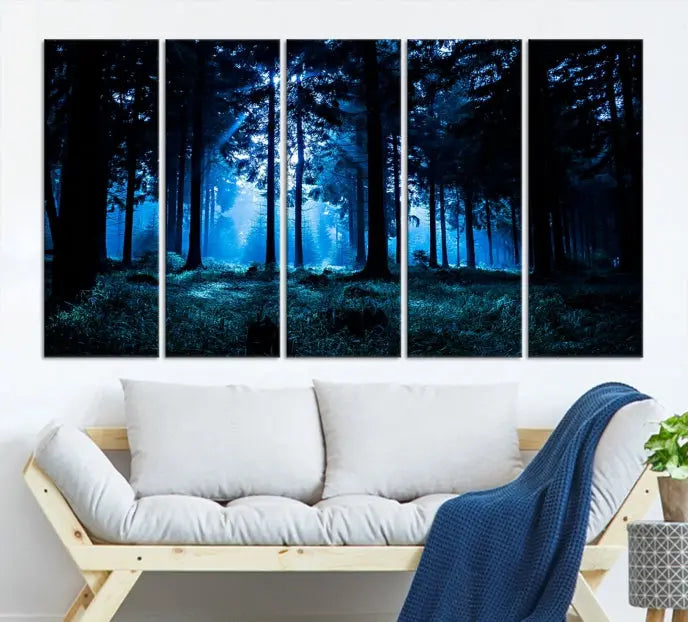 A modern living room showcasing the "Night in Dark Forest" wall art—forest-themed multi-panel canvases with museum-quality details.