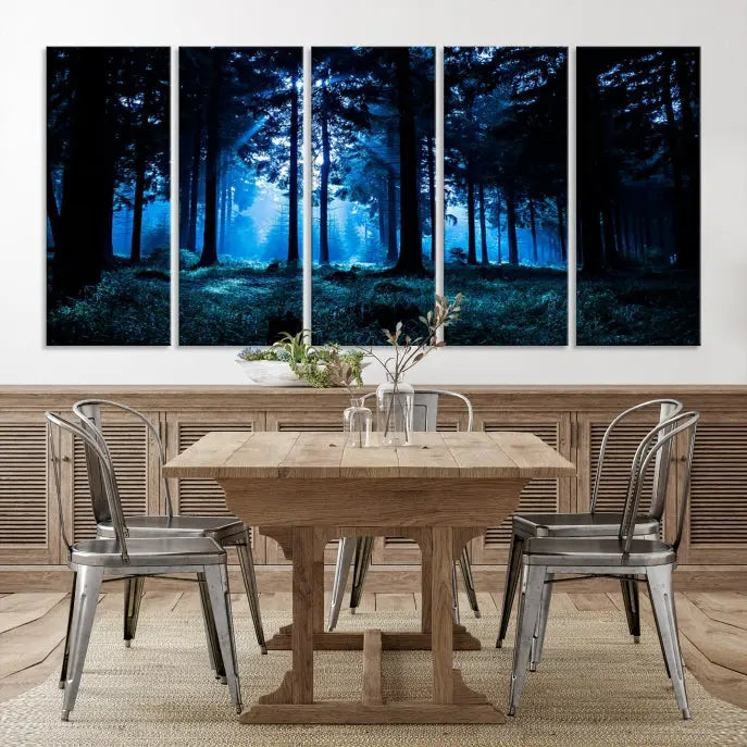 A modern living room showcasing the "Night in Dark Forest" wall art—forest-themed multi-panel canvases with museum-quality details.