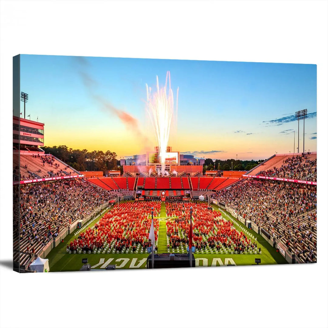 Experience the vibrant atmosphere of a packed crowd, an impressive field display, and dazzling fireworks at sunset in this artwork titled "North Carolina State University Wolfpack Football Team Print - Raleigh Carter-Finley Stadium." This scene is beautifully captured on a canvas print.