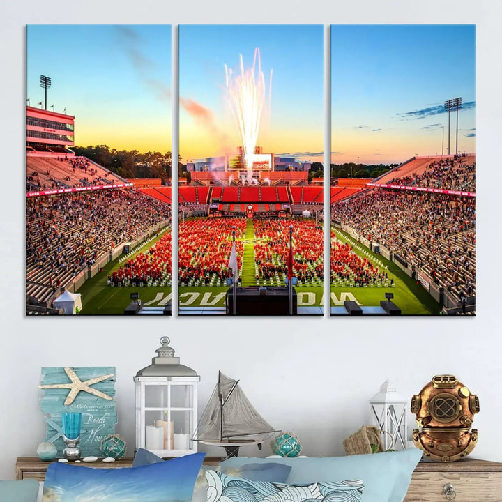 Experience the vibrant atmosphere of a packed crowd, an impressive field display, and dazzling fireworks at sunset in this artwork titled "North Carolina State University Wolfpack Football Team Print - Raleigh Carter-Finley Stadium." This scene is beautifully captured on a canvas print.