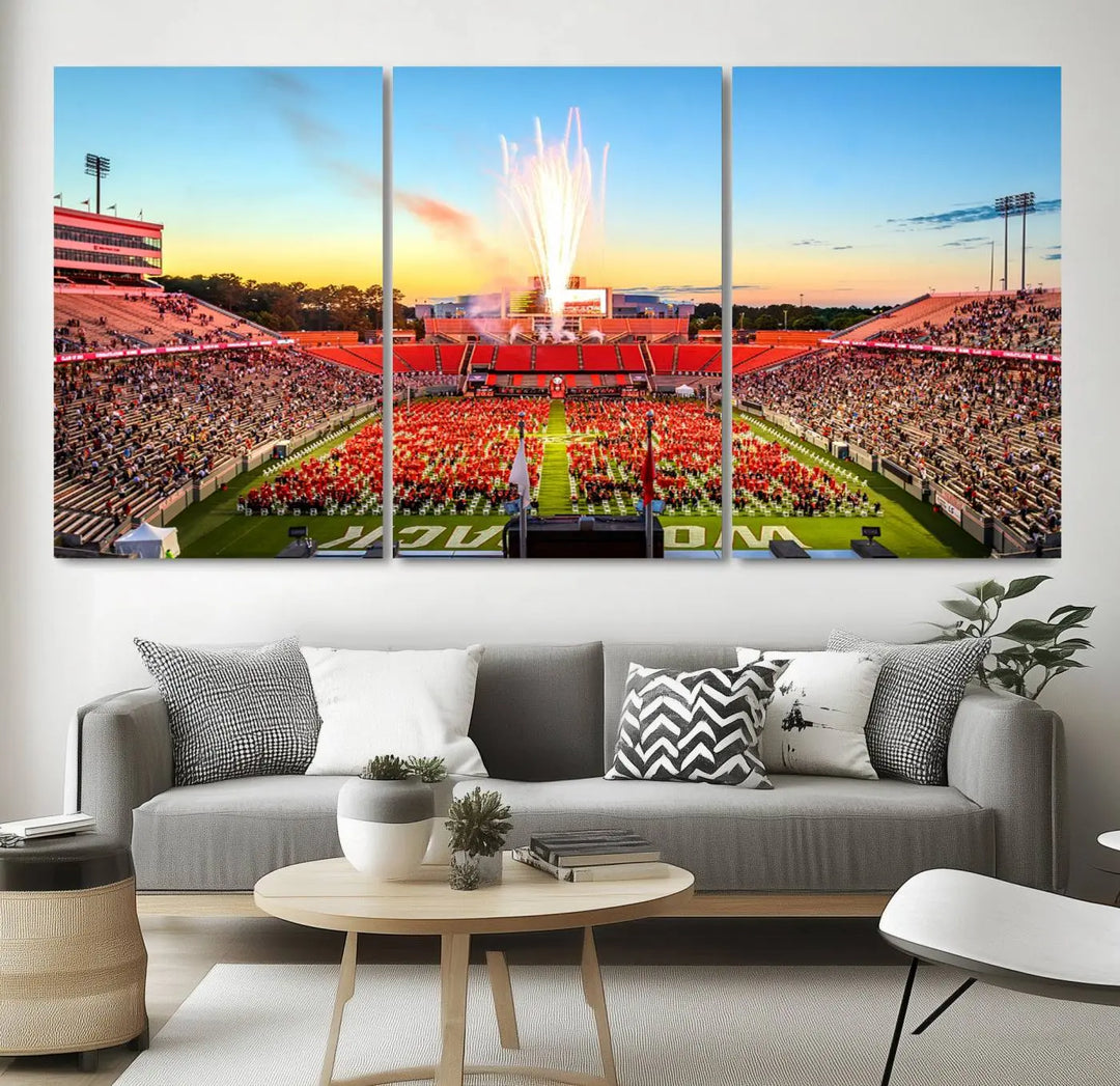 Experience the vibrant atmosphere of a packed crowd, an impressive field display, and dazzling fireworks at sunset in this artwork titled "North Carolina State University Wolfpack Football Team Print - Raleigh Carter-Finley Stadium." This scene is beautifully captured on a canvas print.