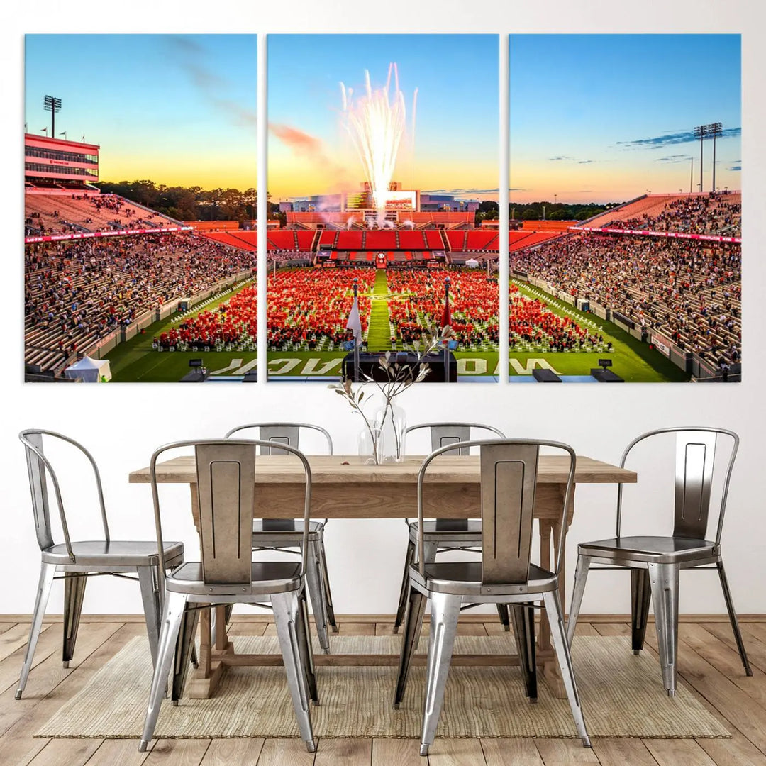 Experience the vibrant atmosphere of a packed crowd, an impressive field display, and dazzling fireworks at sunset in this artwork titled "North Carolina State University Wolfpack Football Team Print - Raleigh Carter-Finley Stadium." This scene is beautifully captured on a canvas print.