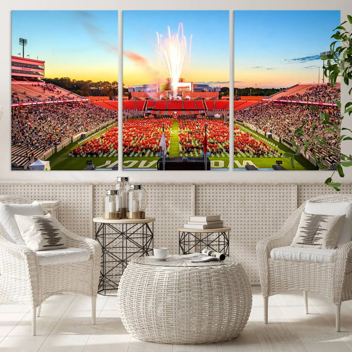 Experience the vibrant atmosphere of a packed crowd, an impressive field display, and dazzling fireworks at sunset in this artwork titled "North Carolina State University Wolfpack Football Team Print - Raleigh Carter-Finley Stadium." This scene is beautifully captured on a canvas print.