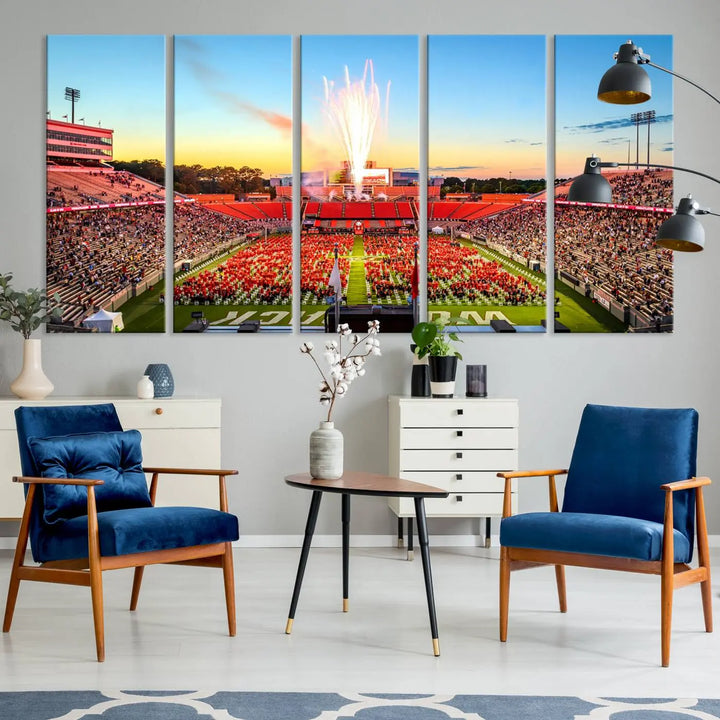 Experience the vibrant atmosphere of a packed crowd, an impressive field display, and dazzling fireworks at sunset in this artwork titled "North Carolina State University Wolfpack Football Team Print - Raleigh Carter-Finley Stadium." This scene is beautifully captured on a canvas print.