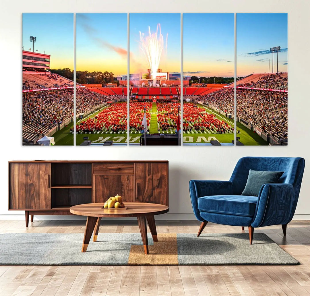 Experience the vibrant atmosphere of a packed crowd, an impressive field display, and dazzling fireworks at sunset in this artwork titled "North Carolina State University Wolfpack Football Team Print - Raleigh Carter-Finley Stadium." This scene is beautifully captured on a canvas print.