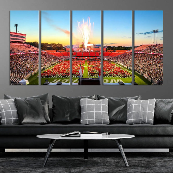 Experience the vibrant atmosphere of a packed crowd, an impressive field display, and dazzling fireworks at sunset in this artwork titled "North Carolina State University Wolfpack Football Team Print - Raleigh Carter-Finley Stadium." This scene is beautifully captured on a canvas print.