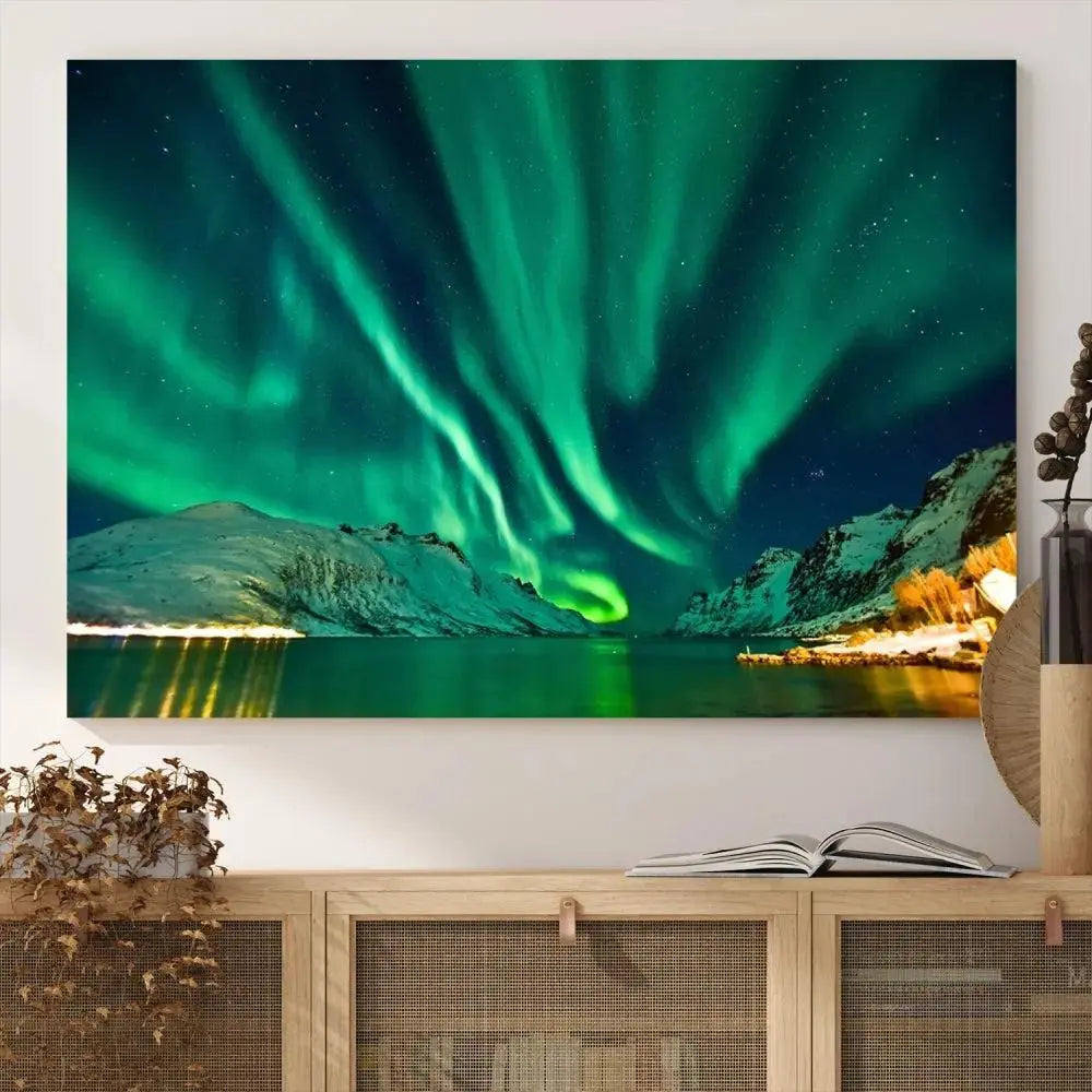 The living room showcases the Northern Lights Wall Art Canvas Print, crafted on museum-quality canvas with a UV-protective coating.