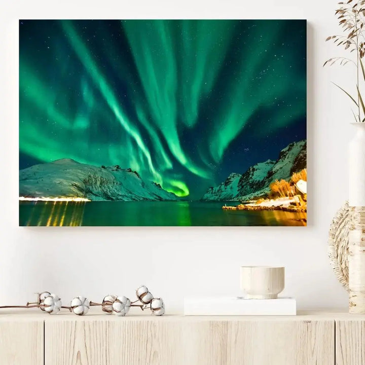 The living room showcases the Northern Lights Wall Art Canvas Print, crafted on museum-quality canvas with a UV-protective coating.