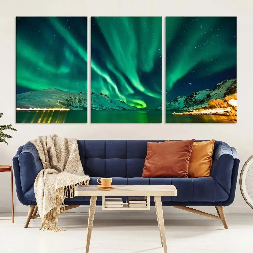 The living room showcases the Northern Lights Wall Art Canvas Print, crafted on museum-quality canvas with a UV-protective coating.