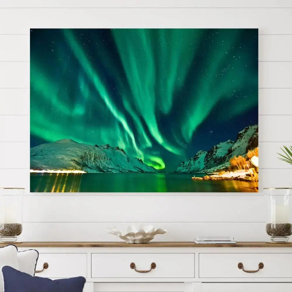 The living room showcases the Northern Lights Wall Art Canvas Print, crafted on museum-quality canvas with a UV-protective coating.