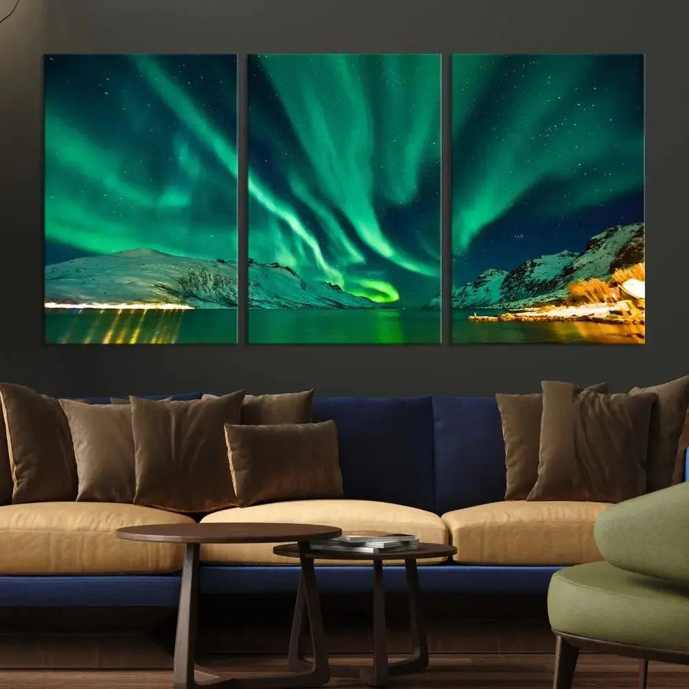 The living room showcases the Northern Lights Wall Art Canvas Print, crafted on museum-quality canvas with a UV-protective coating.