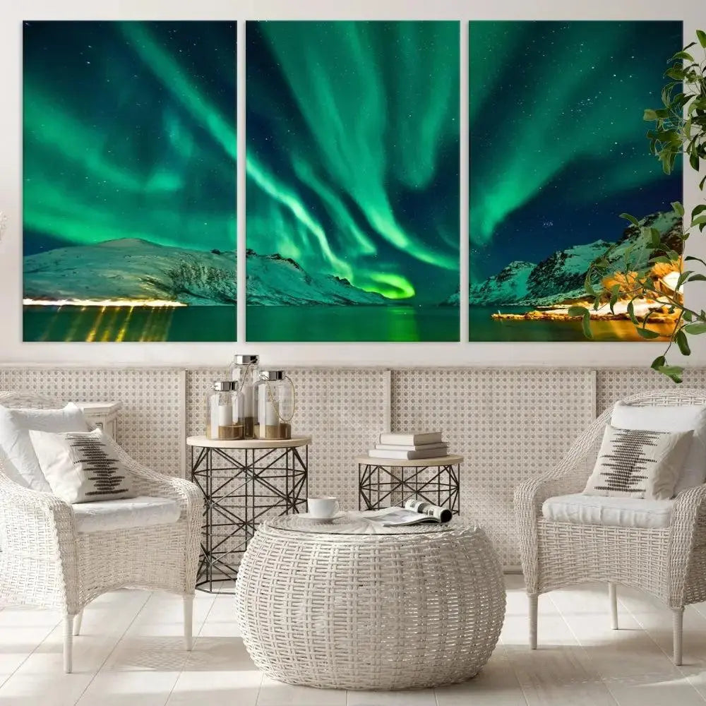 The living room showcases the Northern Lights Wall Art Canvas Print, crafted on museum-quality canvas with a UV-protective coating.