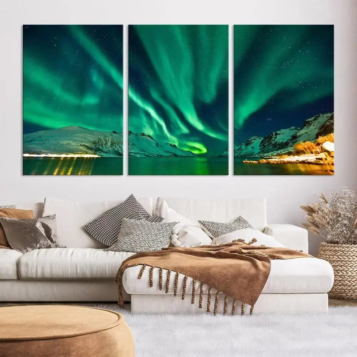 The living room showcases the Northern Lights Wall Art Canvas Print, crafted on museum-quality canvas with a UV-protective coating.