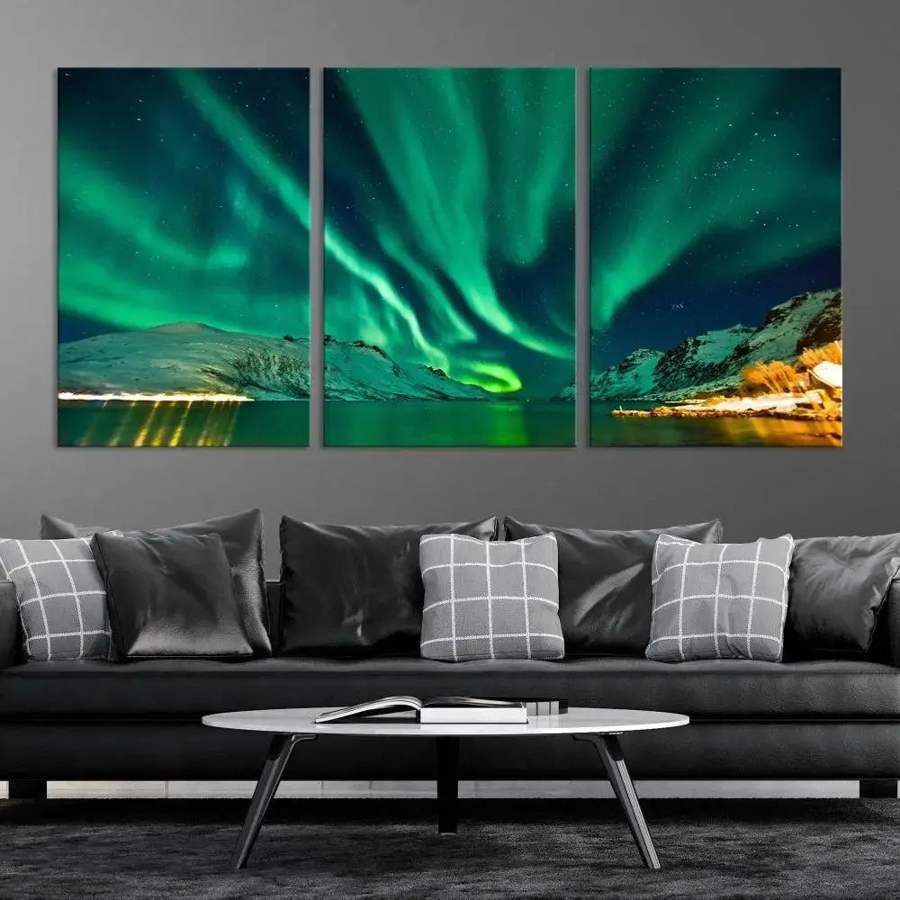 The living room showcases the Northern Lights Wall Art Canvas Print, crafted on museum-quality canvas with a UV-protective coating.