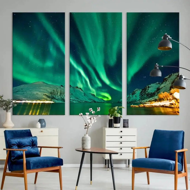 The living room showcases the Northern Lights Wall Art Canvas Print, crafted on museum-quality canvas with a UV-protective coating.