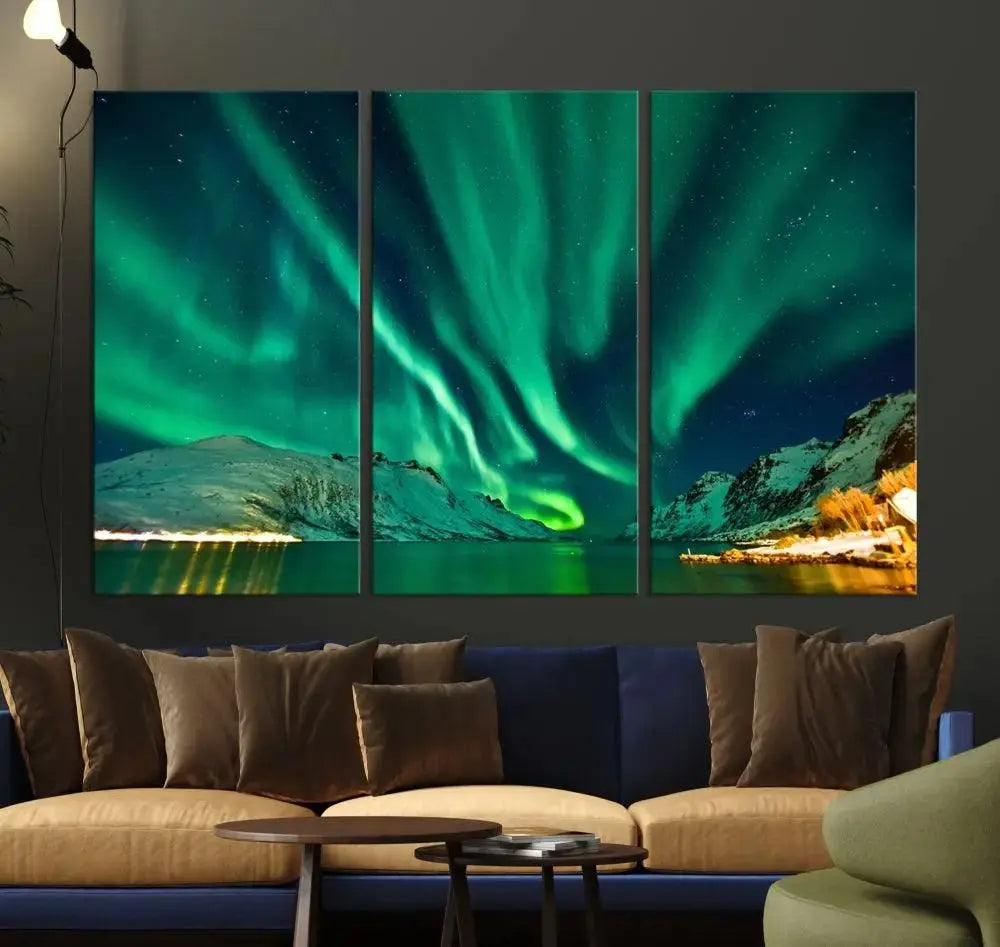 The living room showcases the Northern Lights Wall Art Canvas Print, crafted on museum-quality canvas with a UV-protective coating.