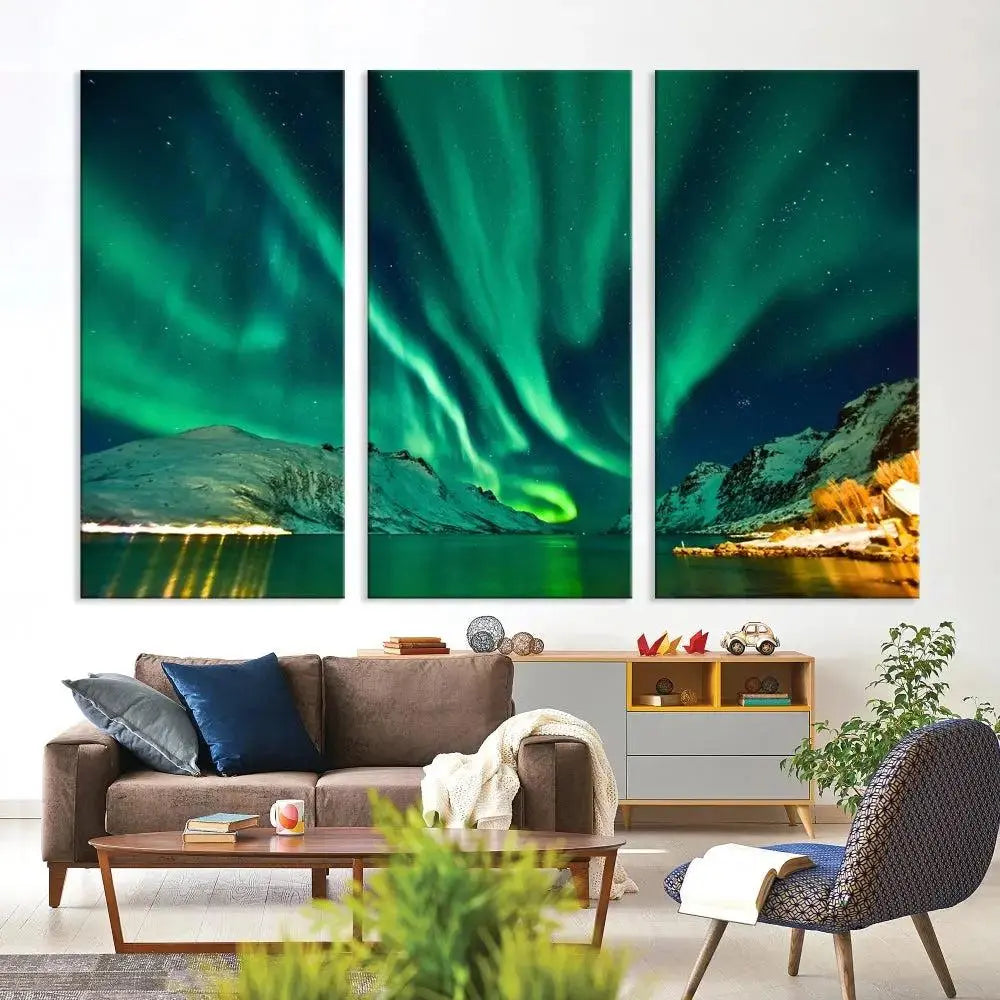 The living room showcases the Northern Lights Wall Art Canvas Print, crafted on museum-quality canvas with a UV-protective coating.