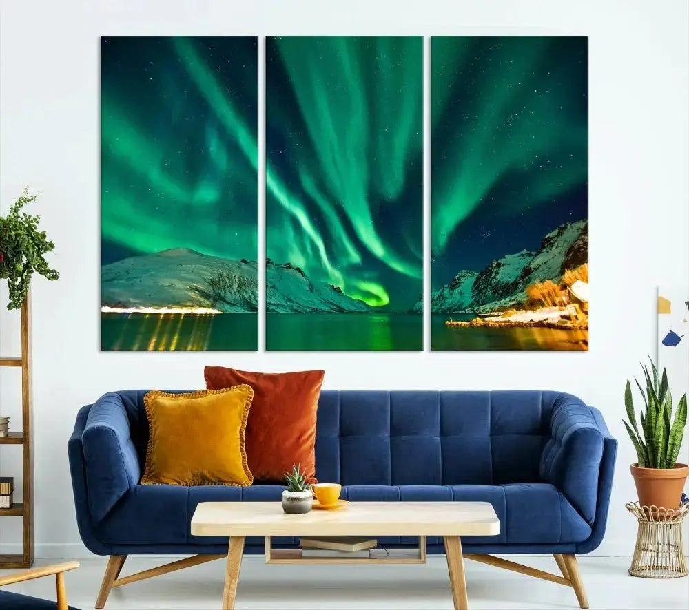 The living room showcases the Northern Lights Wall Art Canvas Print, crafted on museum-quality canvas with a UV-protective coating.