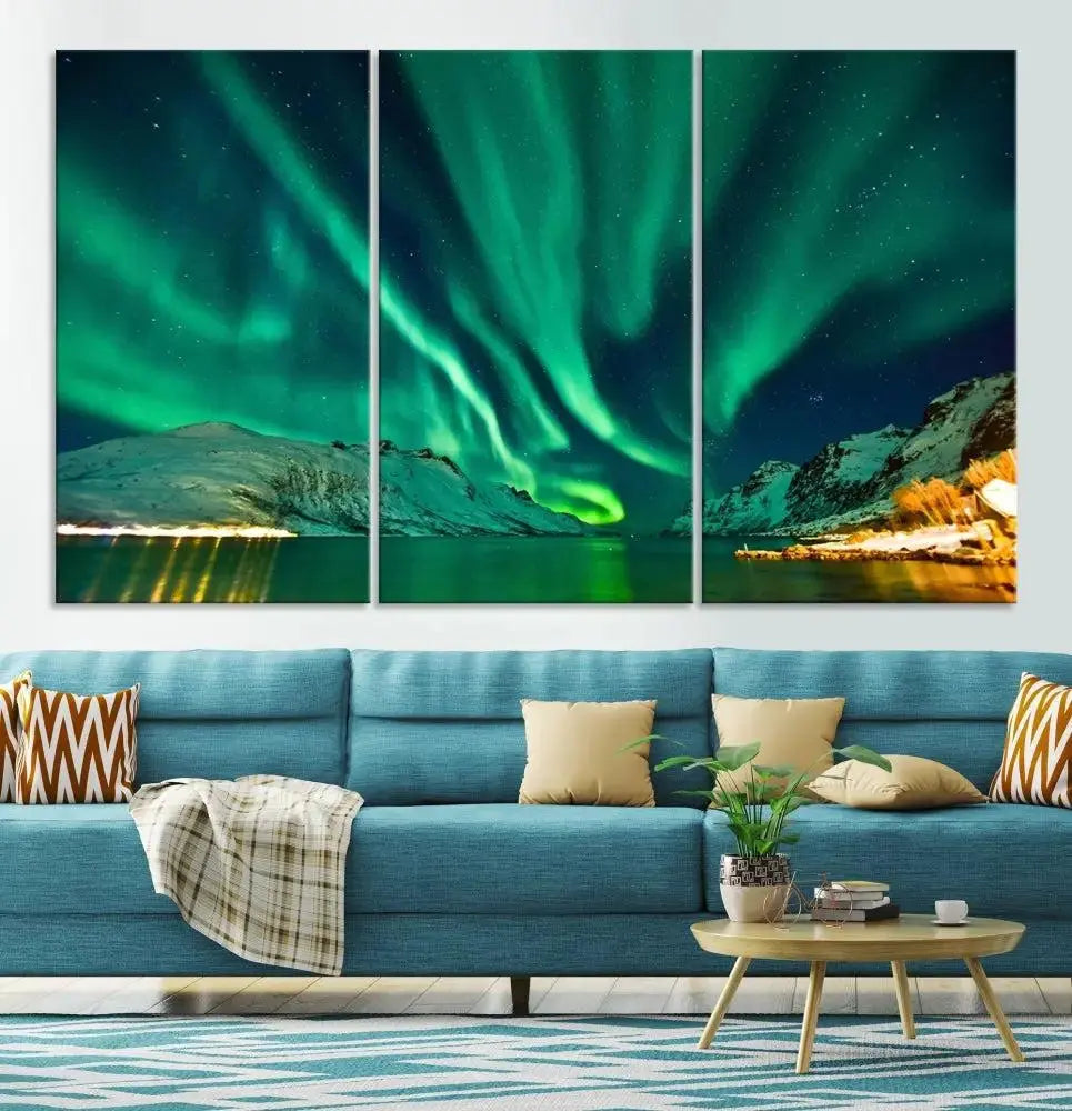 The living room showcases the Northern Lights Wall Art Canvas Print, crafted on museum-quality canvas with a UV-protective coating.