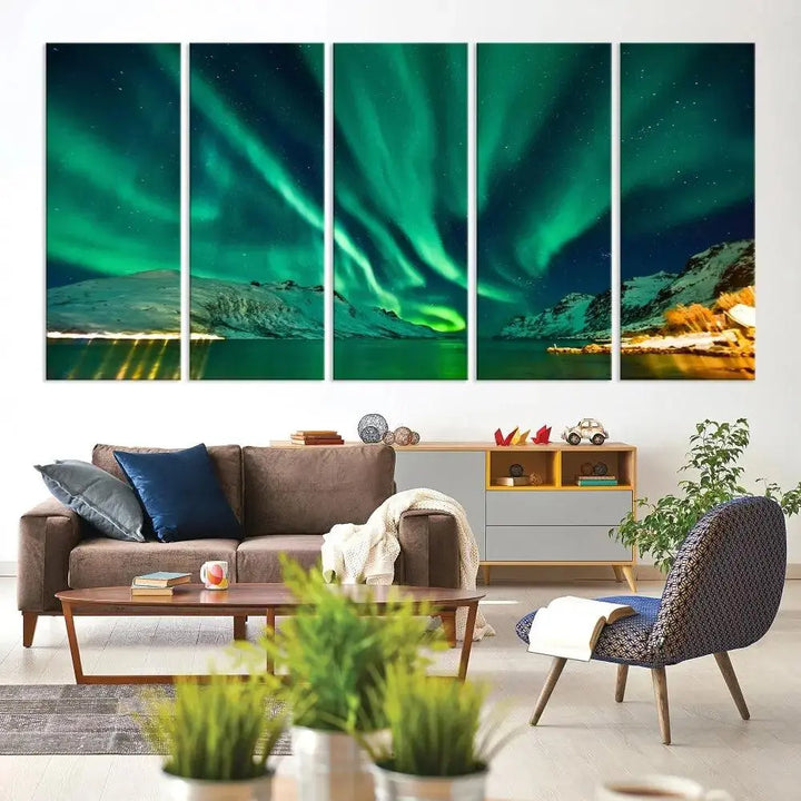 The living room showcases the Northern Lights Wall Art Canvas Print, crafted on museum-quality canvas with a UV-protective coating.