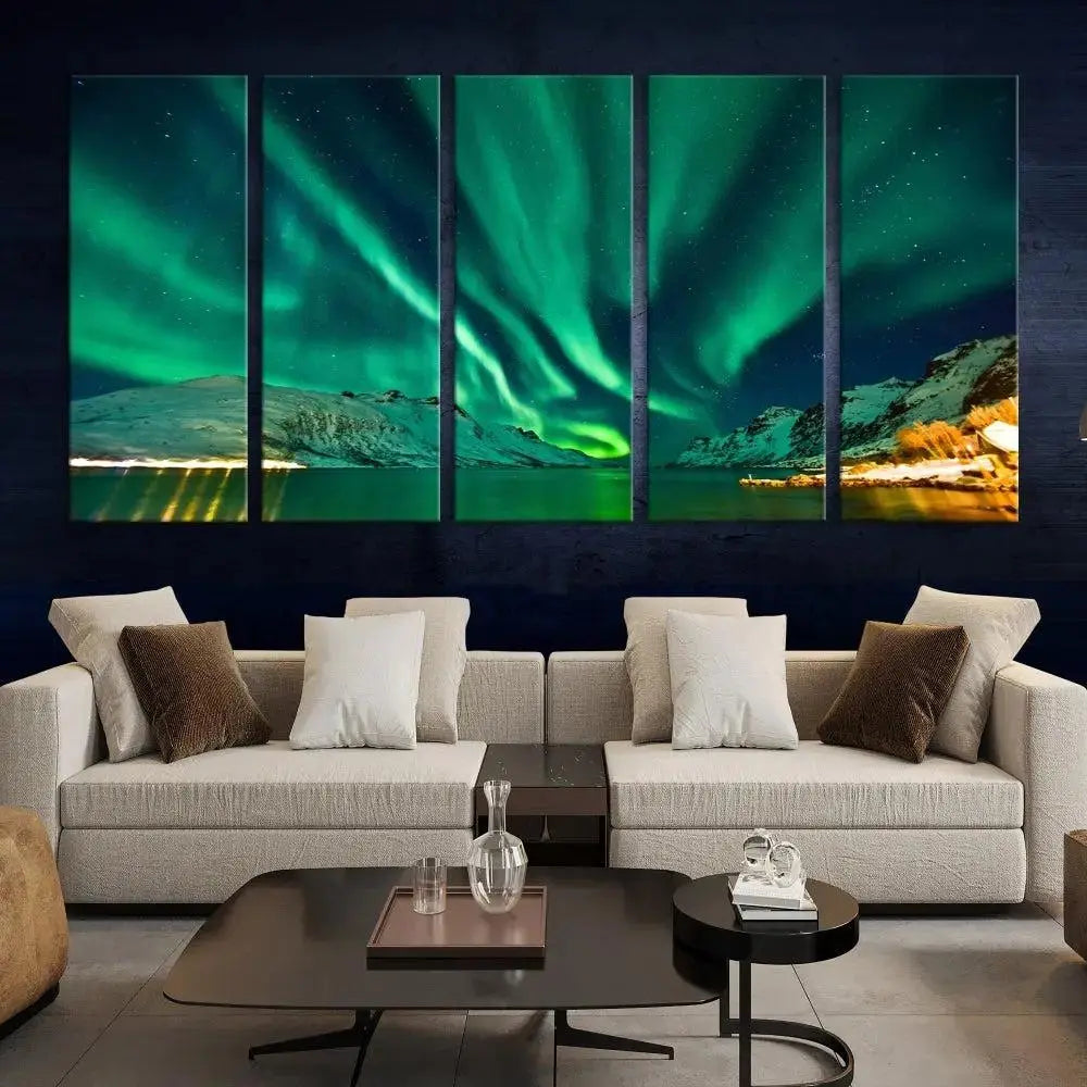 The living room showcases the Northern Lights Wall Art Canvas Print, crafted on museum-quality canvas with a UV-protective coating.