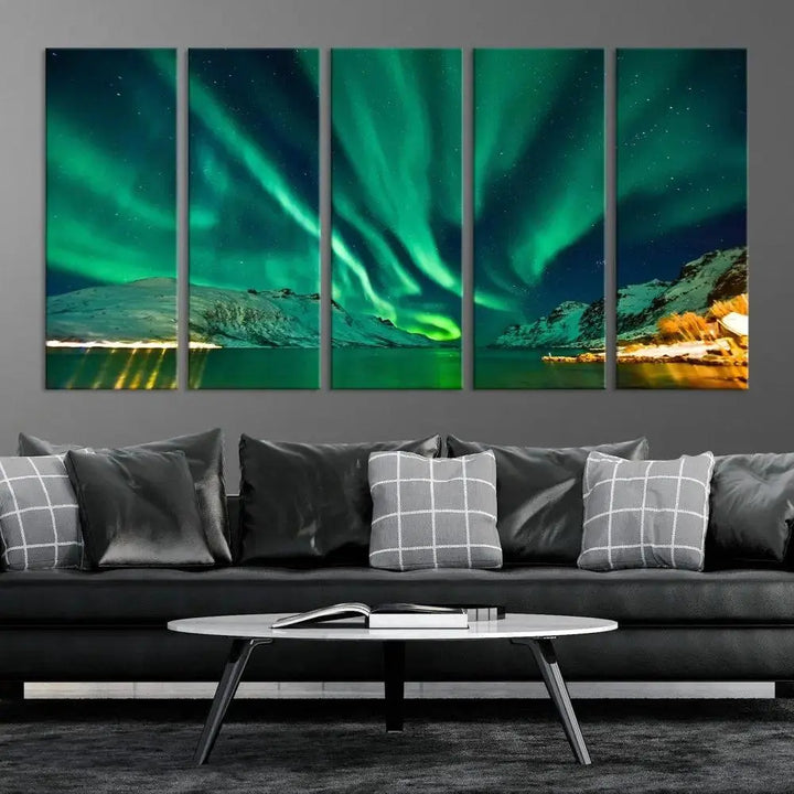 The living room showcases the Northern Lights Wall Art Canvas Print, crafted on museum-quality canvas with a UV-protective coating.