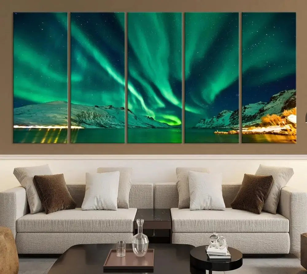 The living room showcases the Northern Lights Wall Art Canvas Print, crafted on museum-quality canvas with a UV-protective coating.