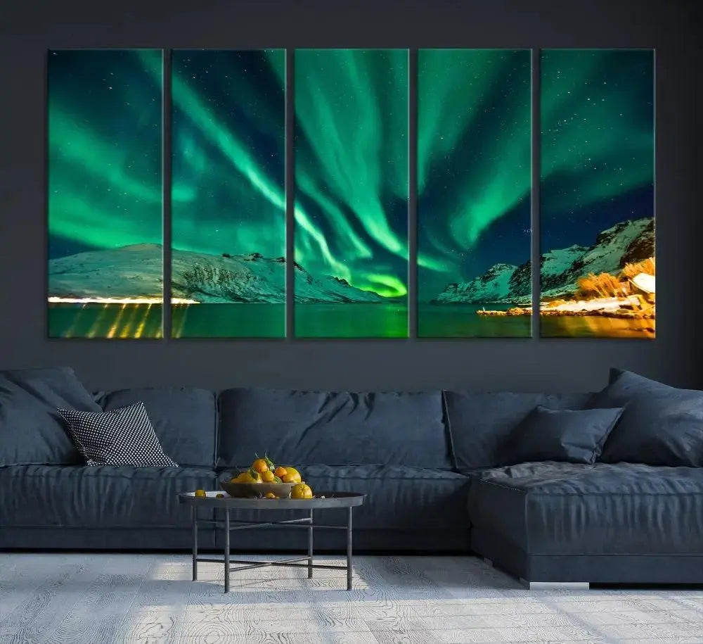 The living room showcases the Northern Lights Wall Art Canvas Print, crafted on museum-quality canvas with a UV-protective coating.