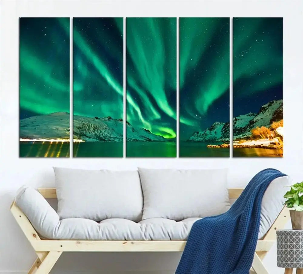 The living room showcases the Northern Lights Wall Art Canvas Print, crafted on museum-quality canvas with a UV-protective coating.