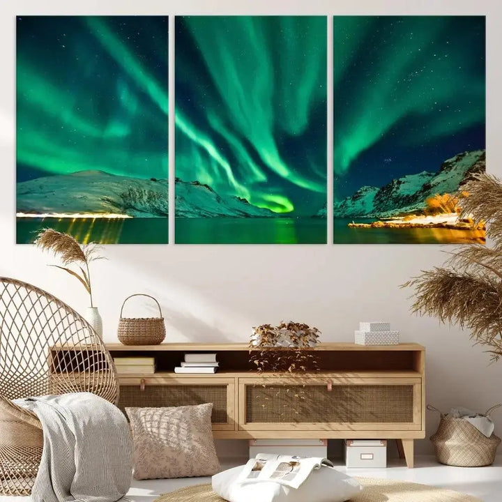 The living room showcases the Northern Lights Wall Art Canvas Print, crafted on museum-quality canvas with a UV-protective coating.