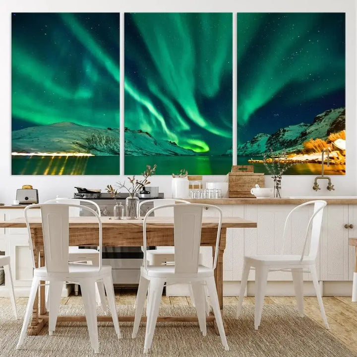 The living room showcases the Northern Lights Wall Art Canvas Print, crafted on museum-quality canvas with a UV-protective coating.