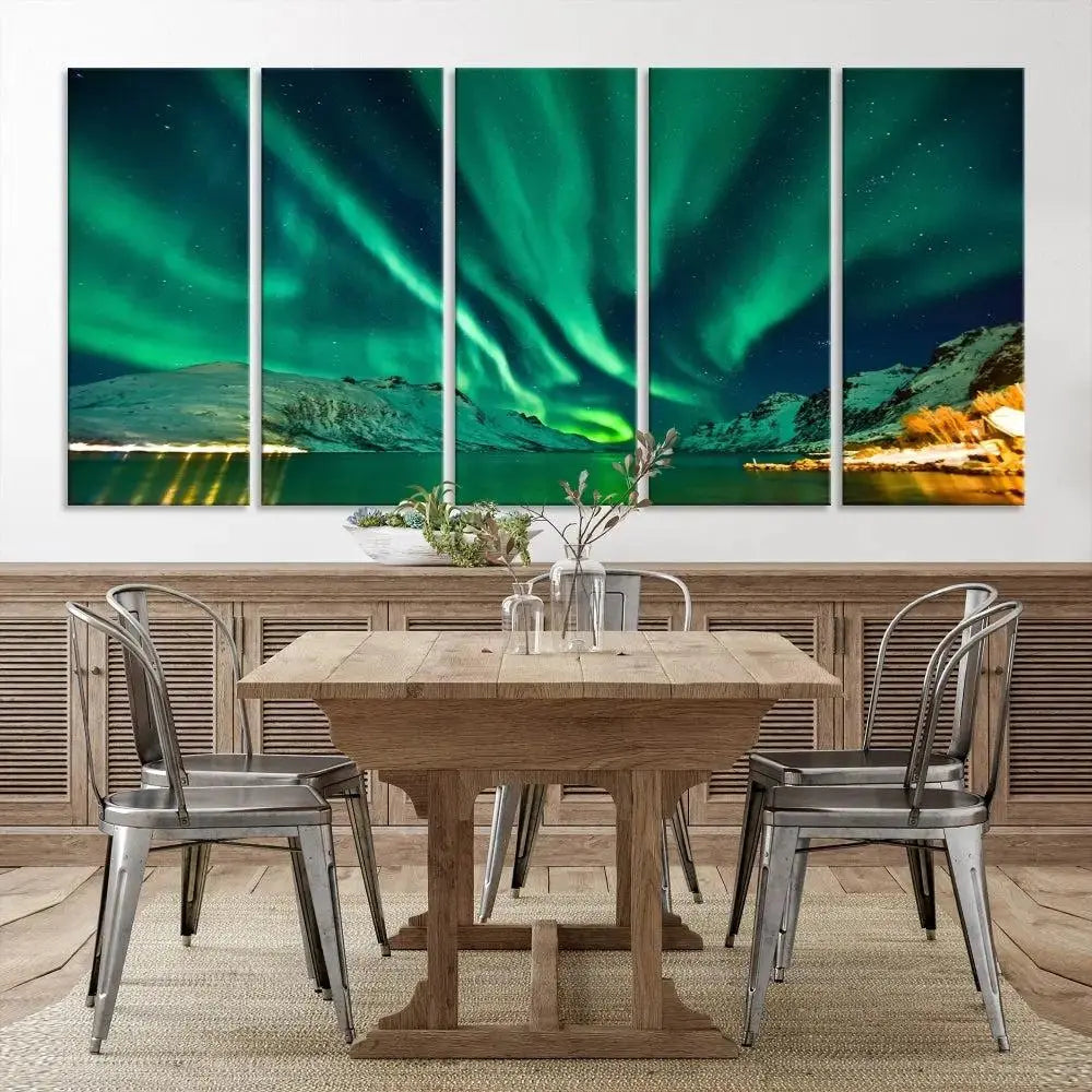 The living room showcases the Northern Lights Wall Art Canvas Print, crafted on museum-quality canvas with a UV-protective coating.