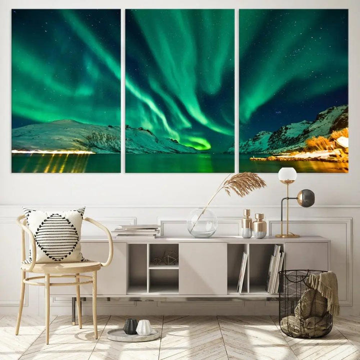 The living room showcases the Northern Lights Wall Art Canvas Print, crafted on museum-quality canvas with a UV-protective coating.